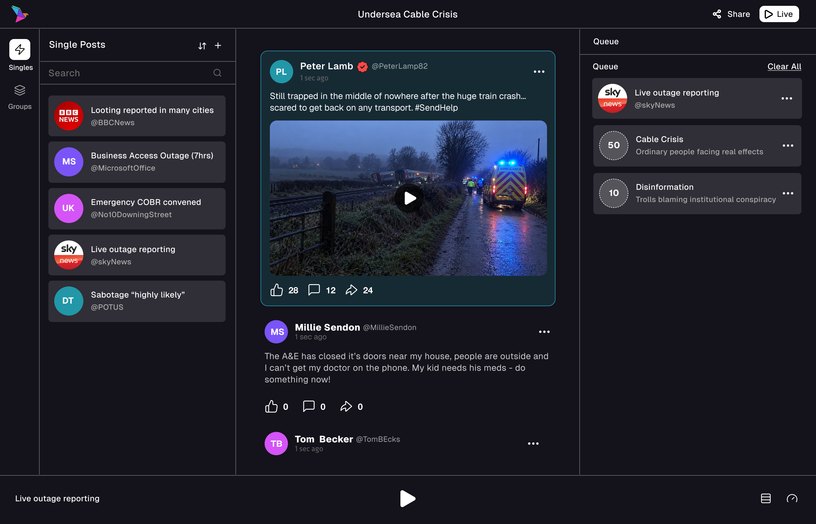 Synth Social creator dashboard – queue, posts and live feed controls